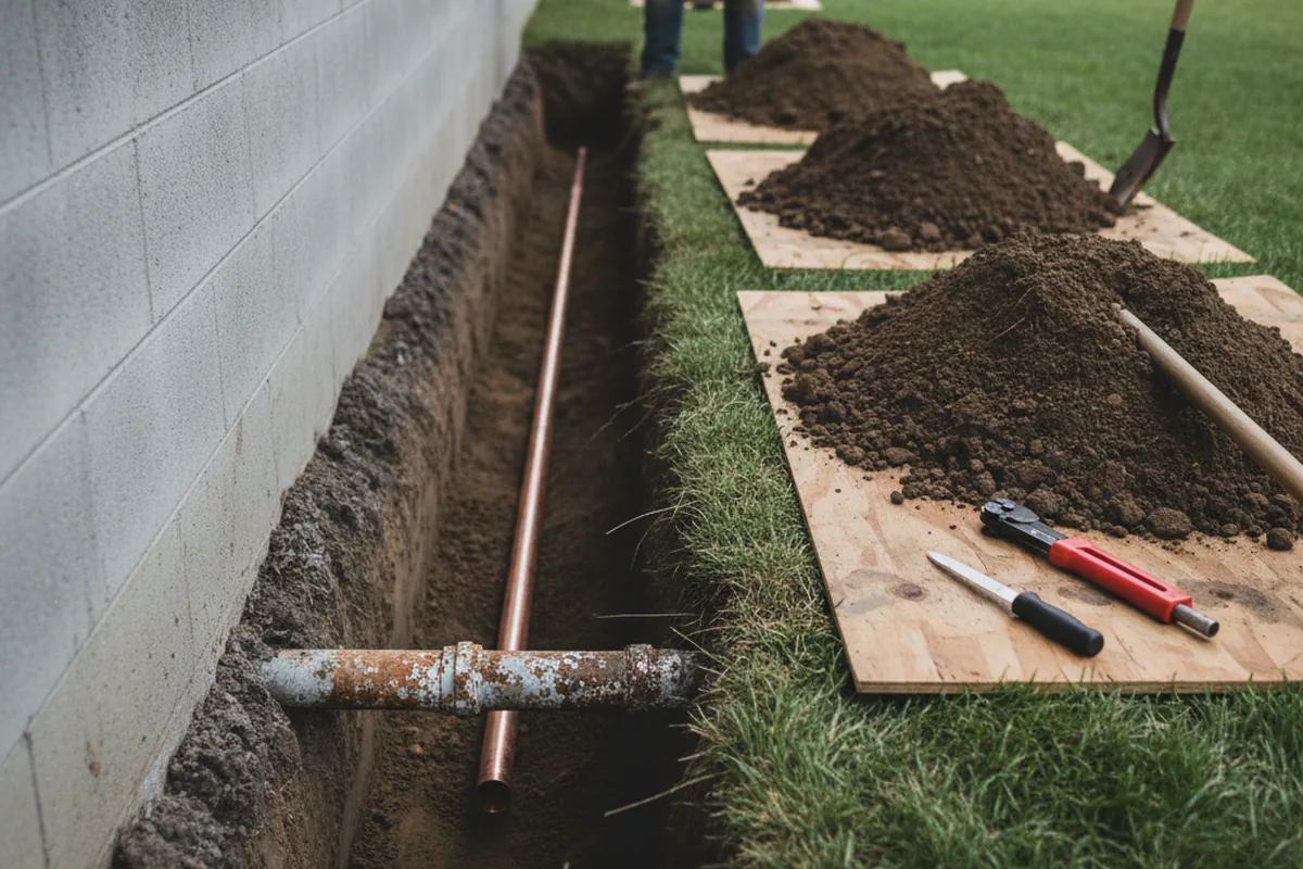 Excavated water line trench during Water Softener Installation in South New Berlin